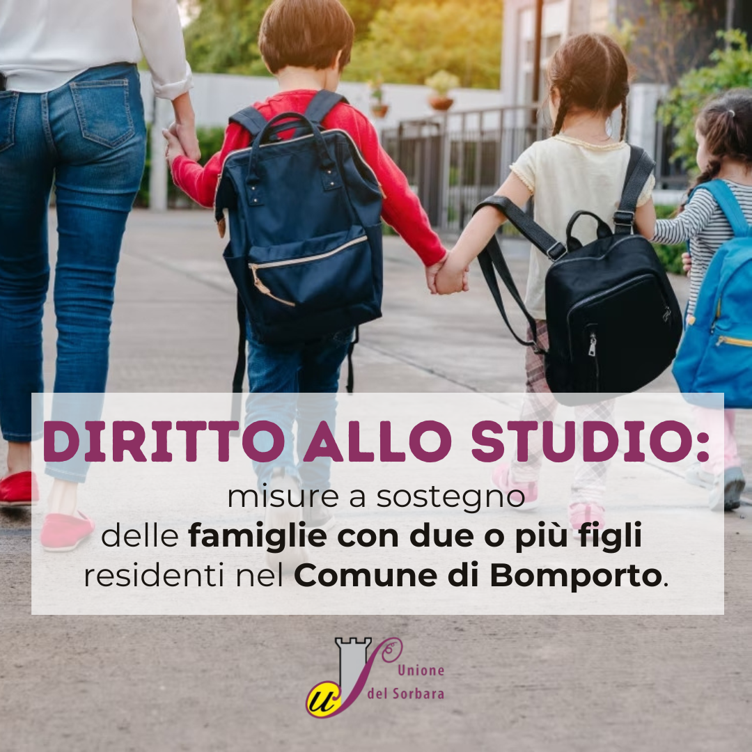 Diritto allo studio: Misure a sostegno delle famiglie con due o più figli residenti nel Comune di Bomporto